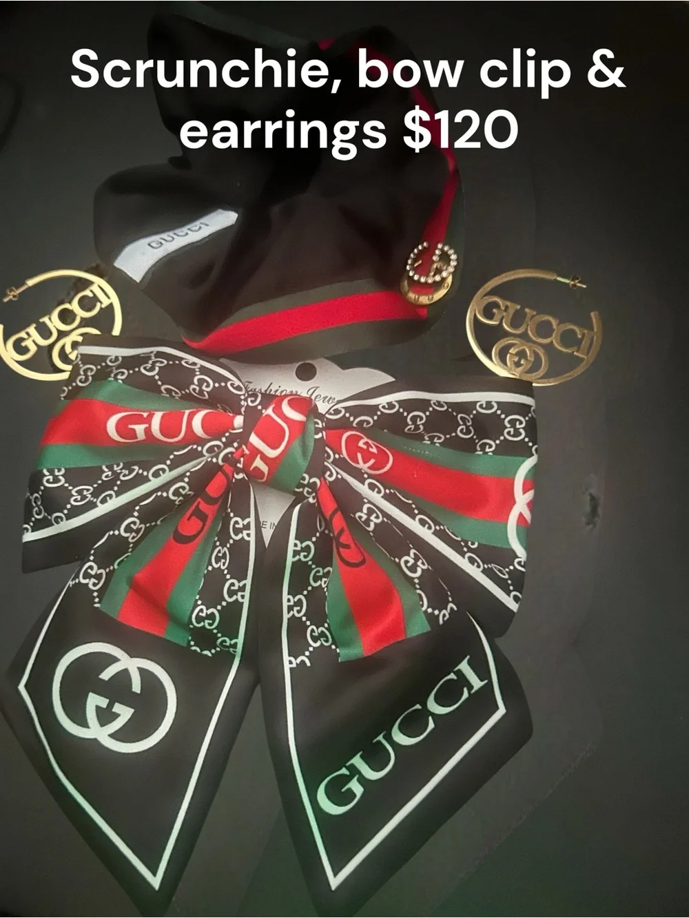 Black Red Green Signature Bow, Scrunchie & Gold Hoop Earrings